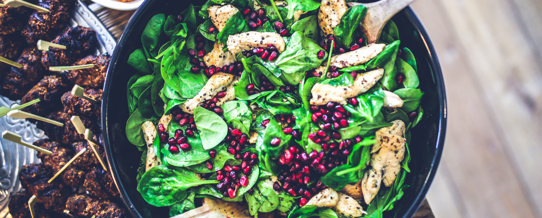 Spinach Salad, Pomegranate Seeds, Grilled Chicken